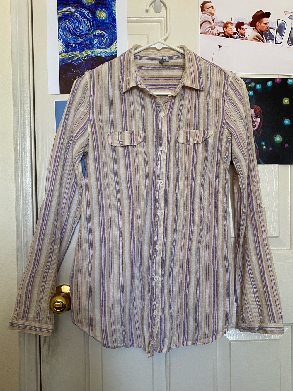 Beach Boho Surfer Girl Rip Curl Striped Pink Tan Lavender White Button Down